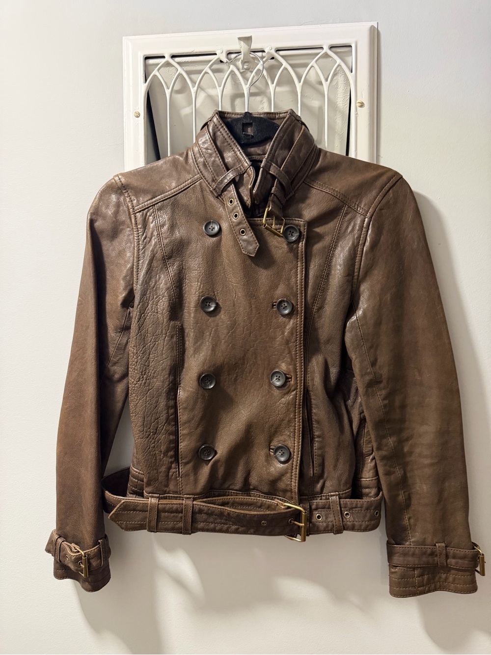 Madewell Brown aviator-style Double-Breasted Leather Jacket with Belt, Sz S